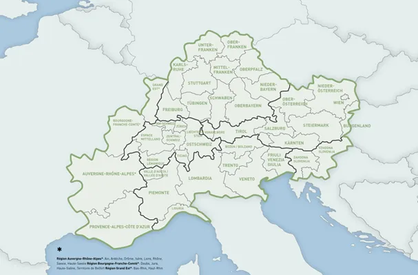 carte délimitant le territoire couvert par le programme Interreg Espace Alpin